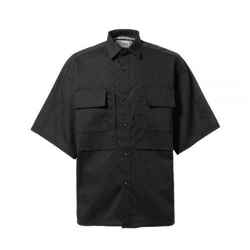 Boxy Black Short-Sleeve Shirt with Structured Collar and Utility Pockets