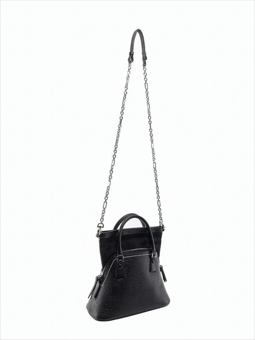 Textured Leather Tote Bag With Chain Strap And Dual Handles