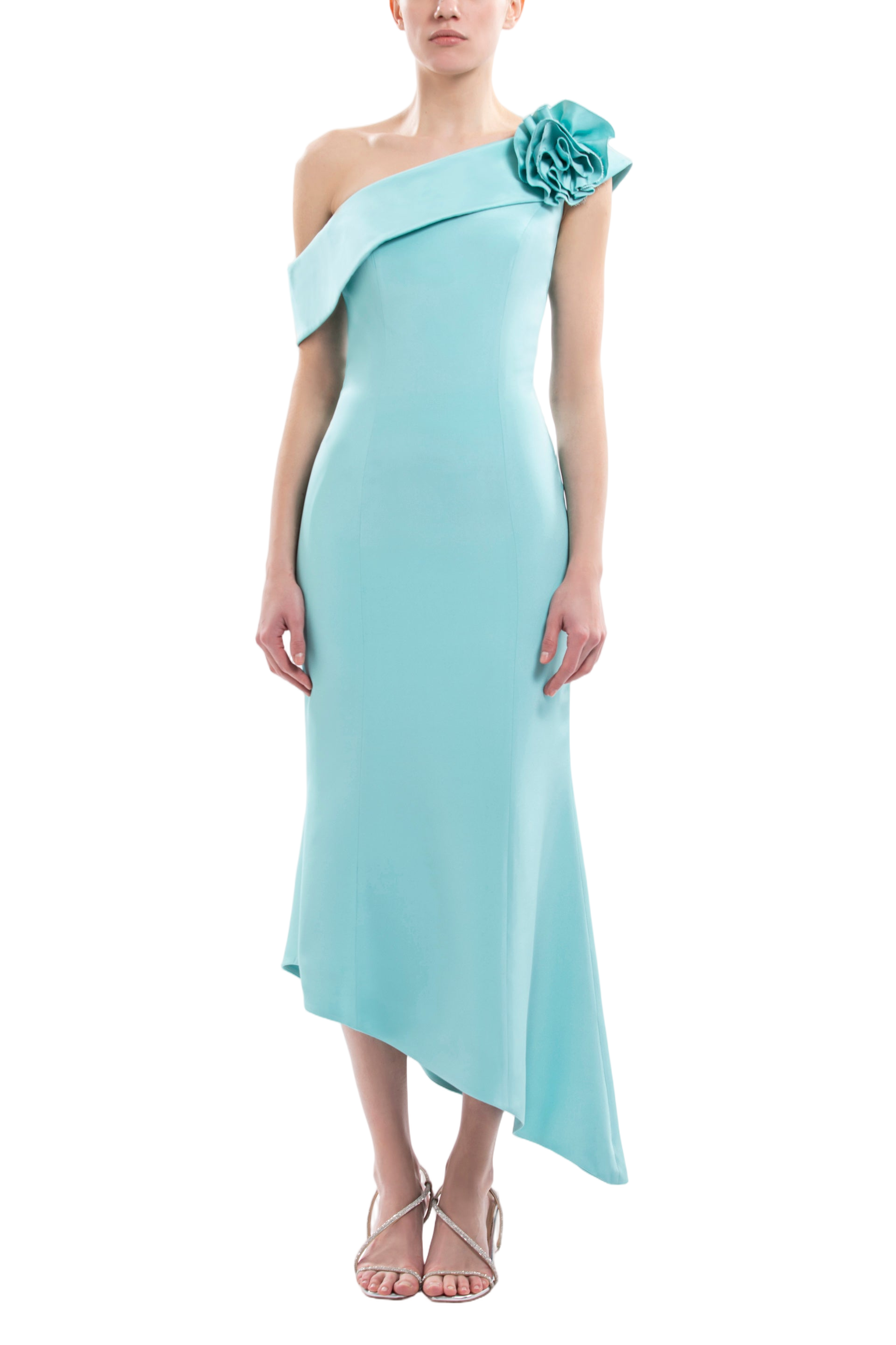 Asymmetrical Antigua Sand Midi Dress with Detachable Floral Embellishment