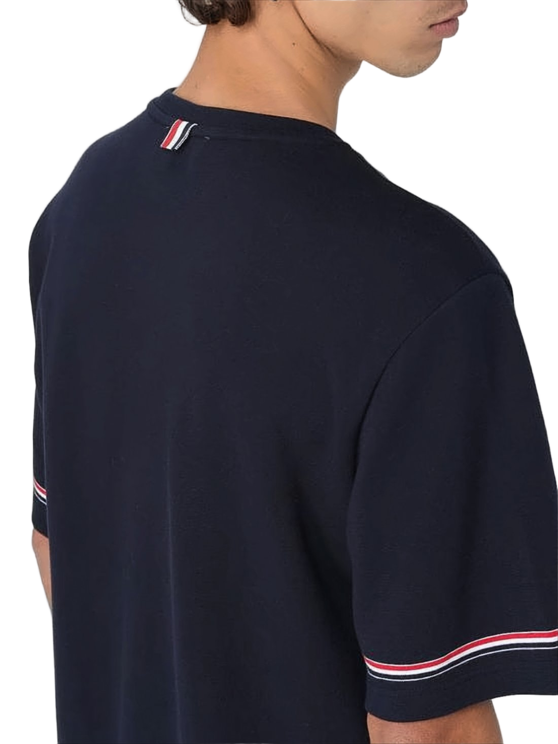 Navy Blue Cotton T-Shirt with Striped Trim