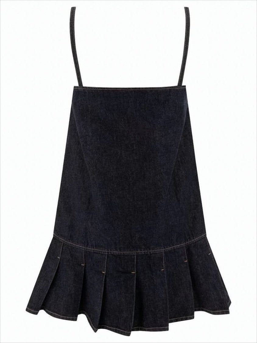 Ruffled Hem Denim Mini Dress With Thin Shoulder Straps