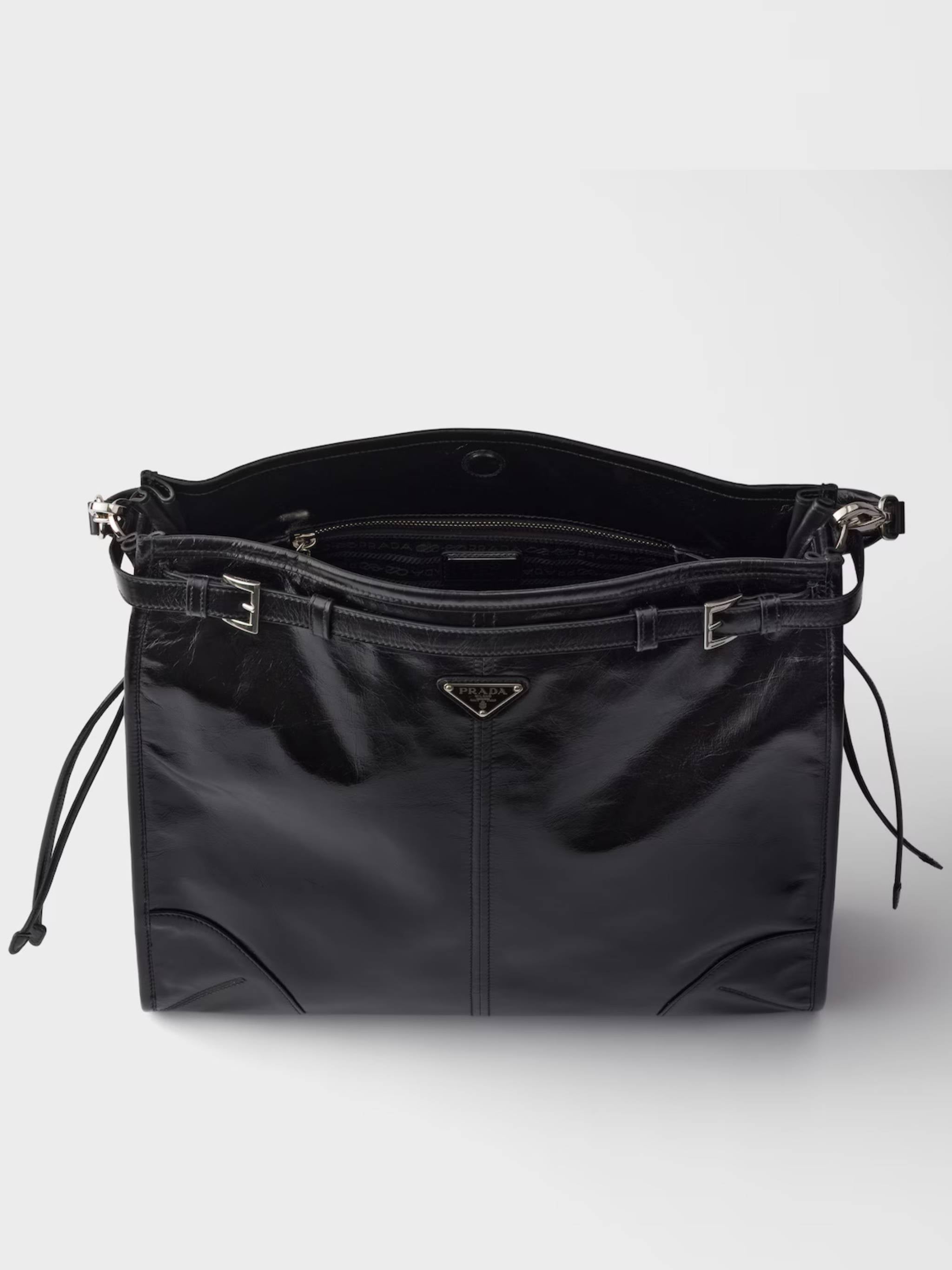Black Bandoliera Glossy Leather Shoulder Bag
