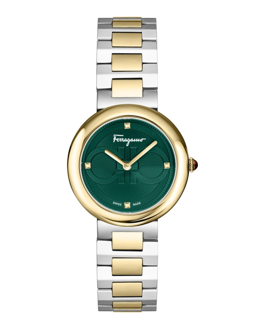 Two-Tone Bracelet Watch With Green Guilloche Dial