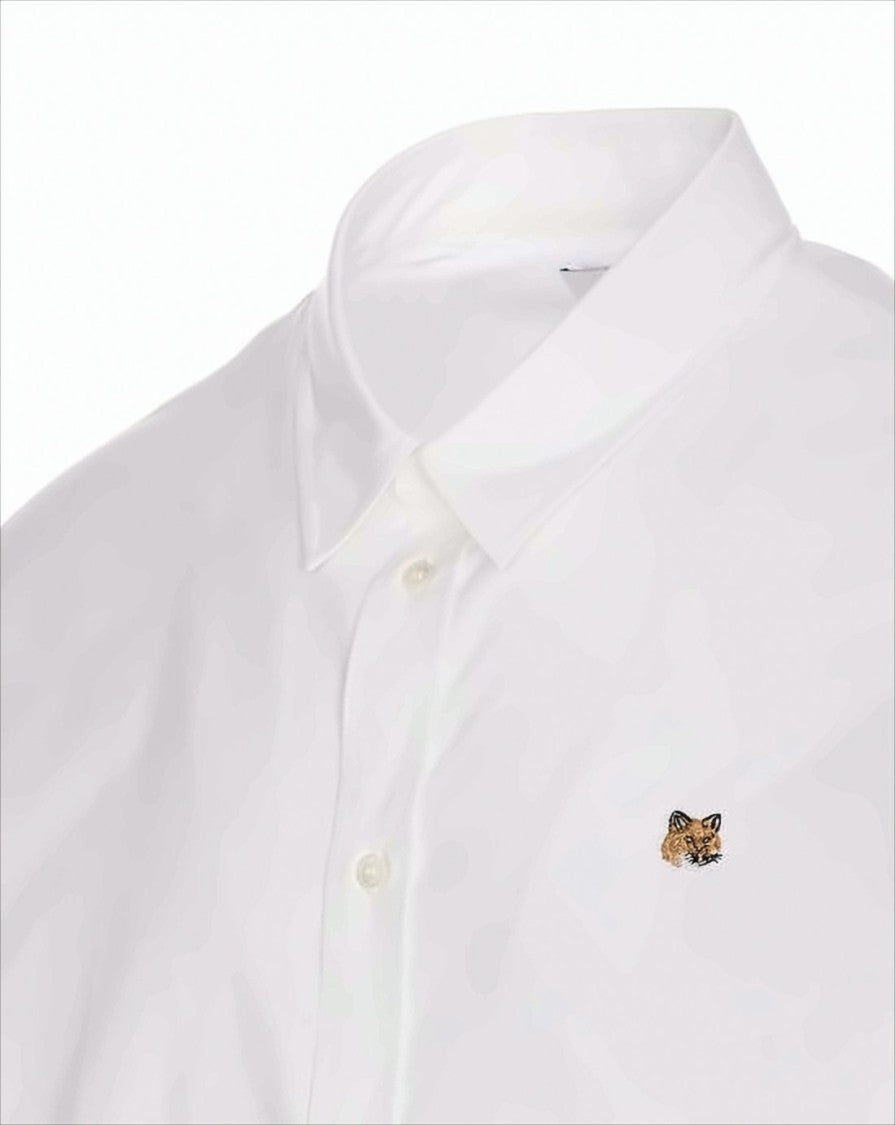Long-Sleeve White Cotton Shirt With Embroidered Fox Detail
