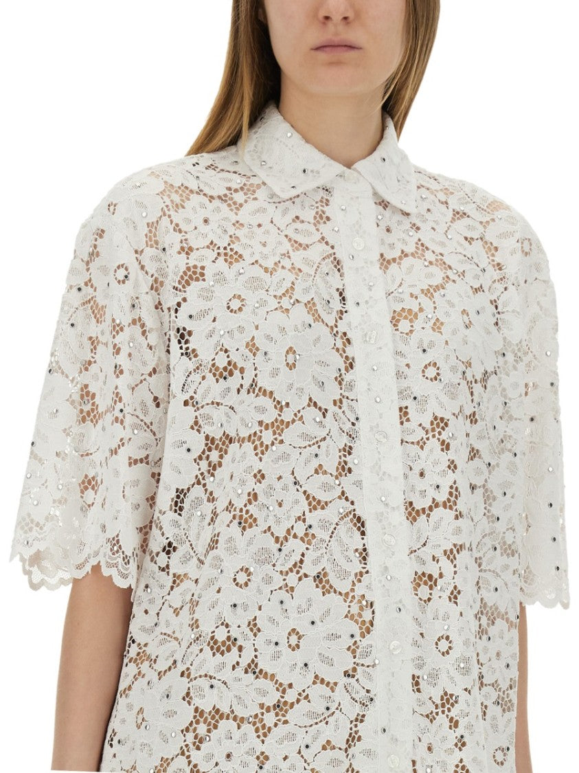 White Lace Shirt With Delicate Floral Pattern