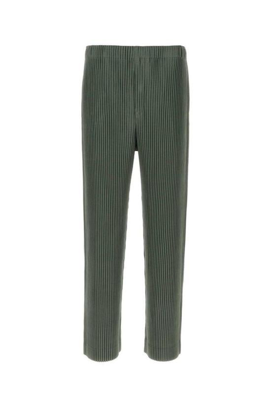 Pleated Green Pants With Structured Silhouette And Elastic Waistband