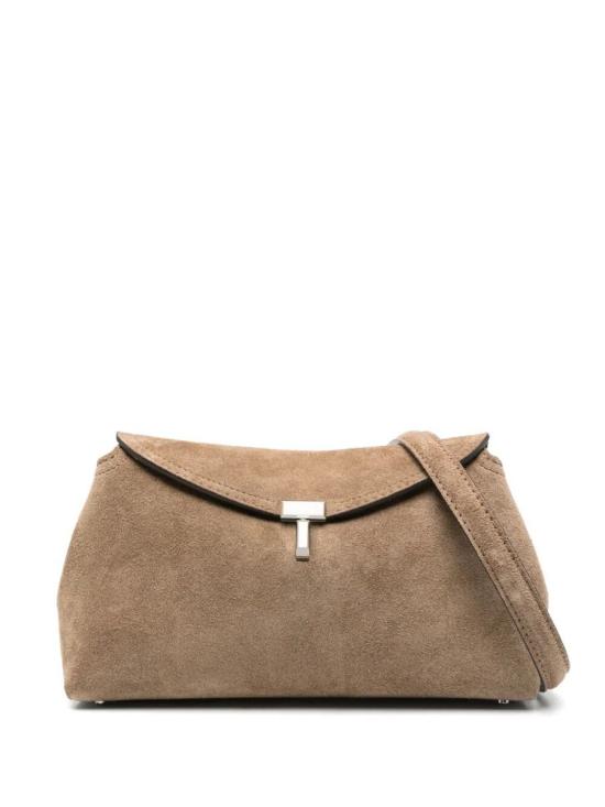 Structured Brown Suede Shoulder Bag with Metal Clasp