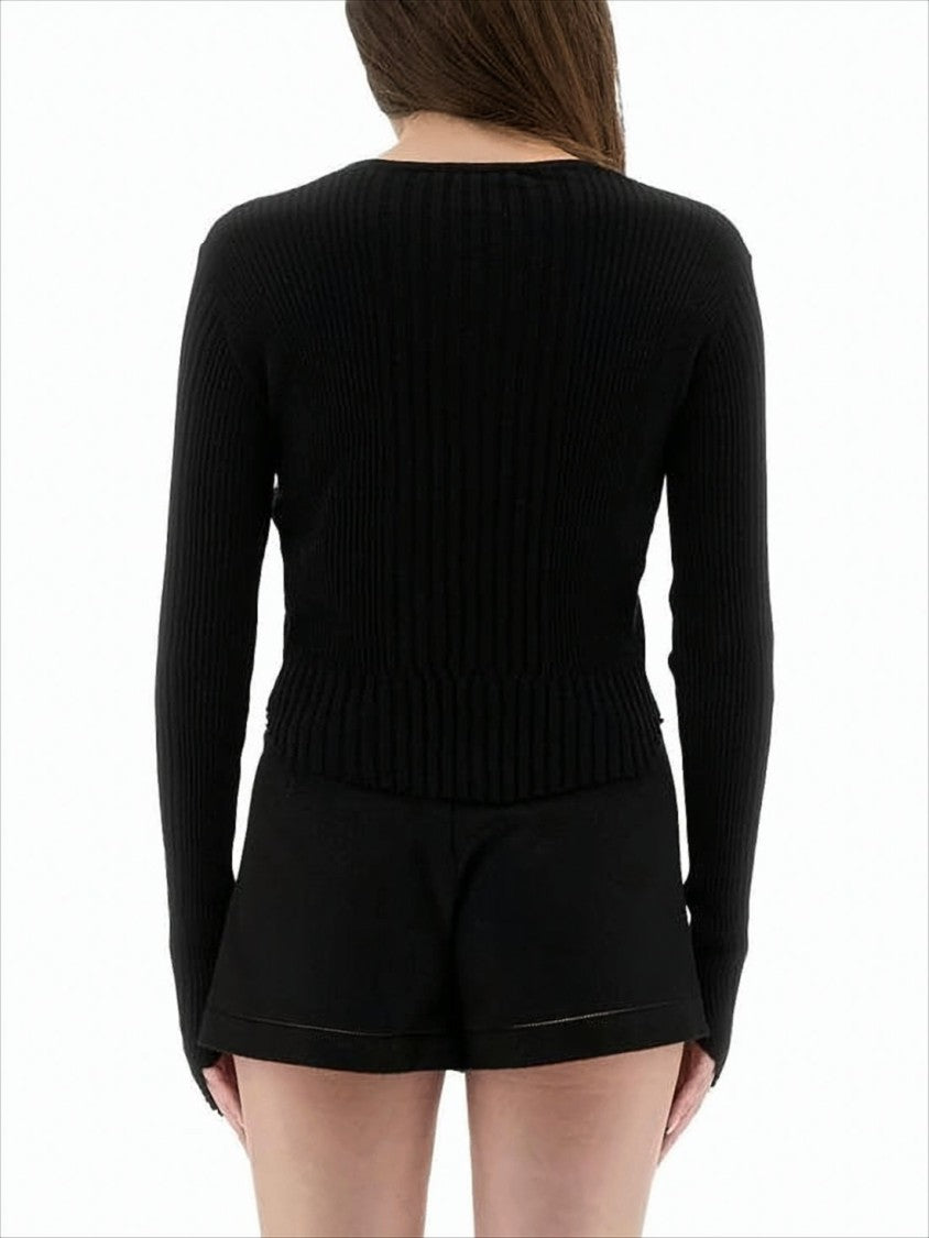 Cropped Fitted Knit Sweater with Button Placket