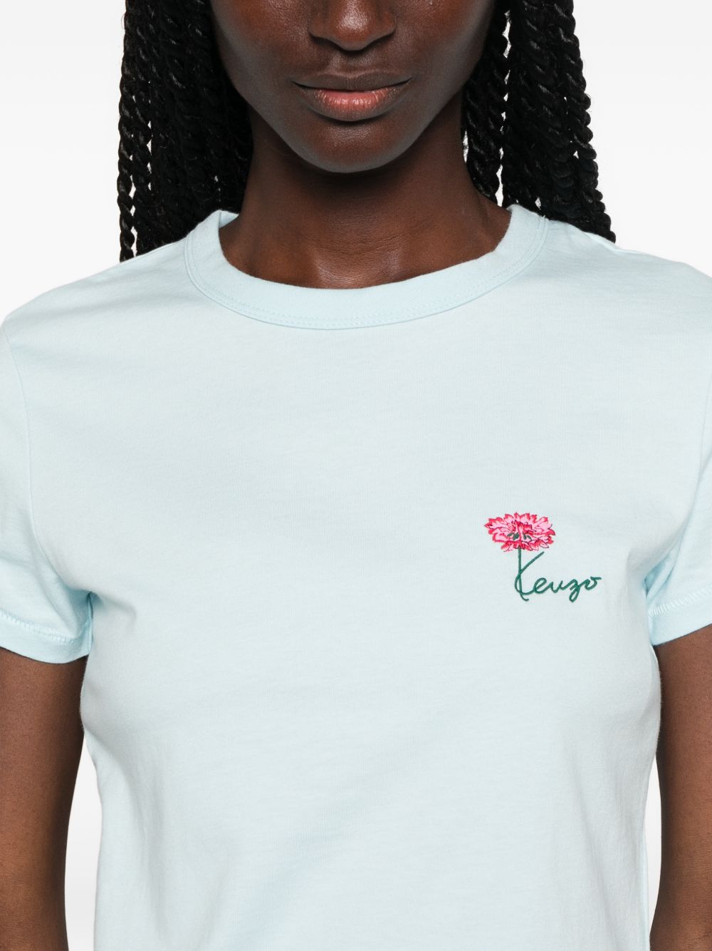 Light Blue Flower Embroidery Crew Neck Top