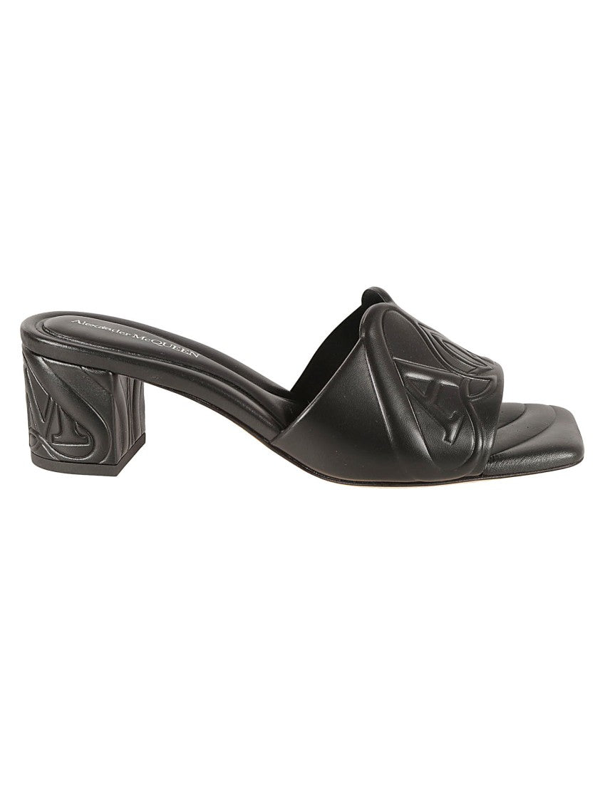 Black Heeled Mules With Embossed Detailing