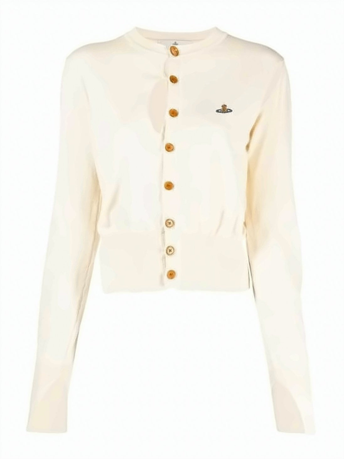 Cropped White Cardigan with Wooden Buttons and Emblem