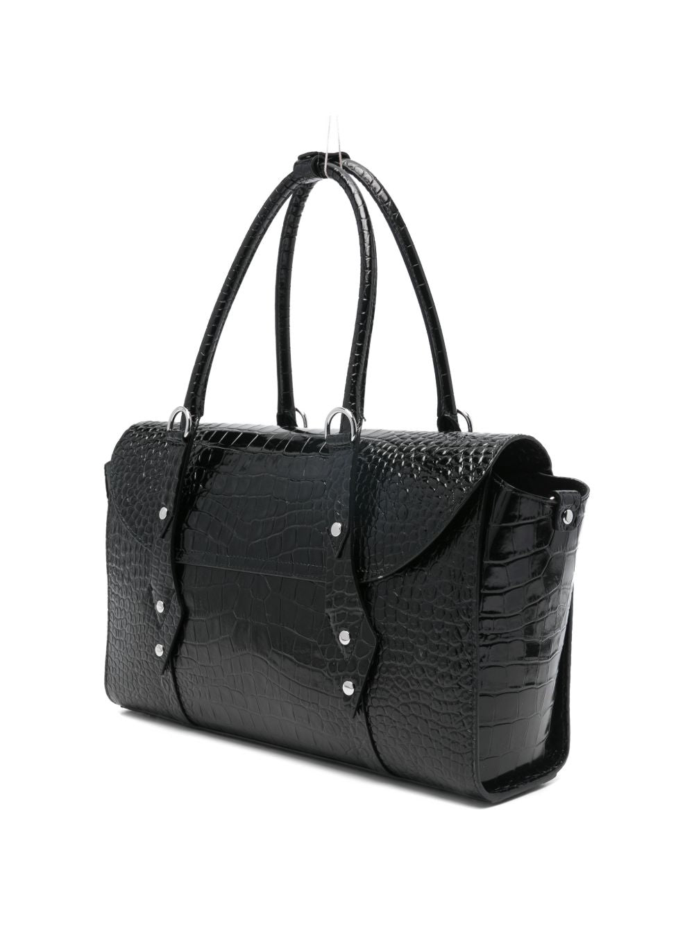 Crocodile-Embossed Black Shoulder Bag With Metallic Emblem