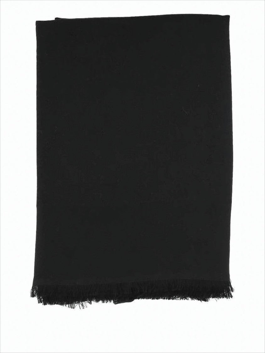 Fringed Black Wool-Silk Blend Scarf