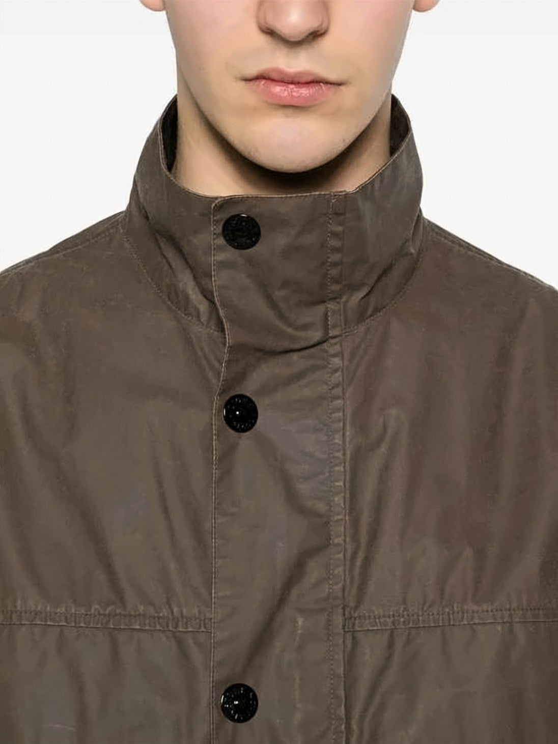 Structured Brown Utility Jacket with High Collar