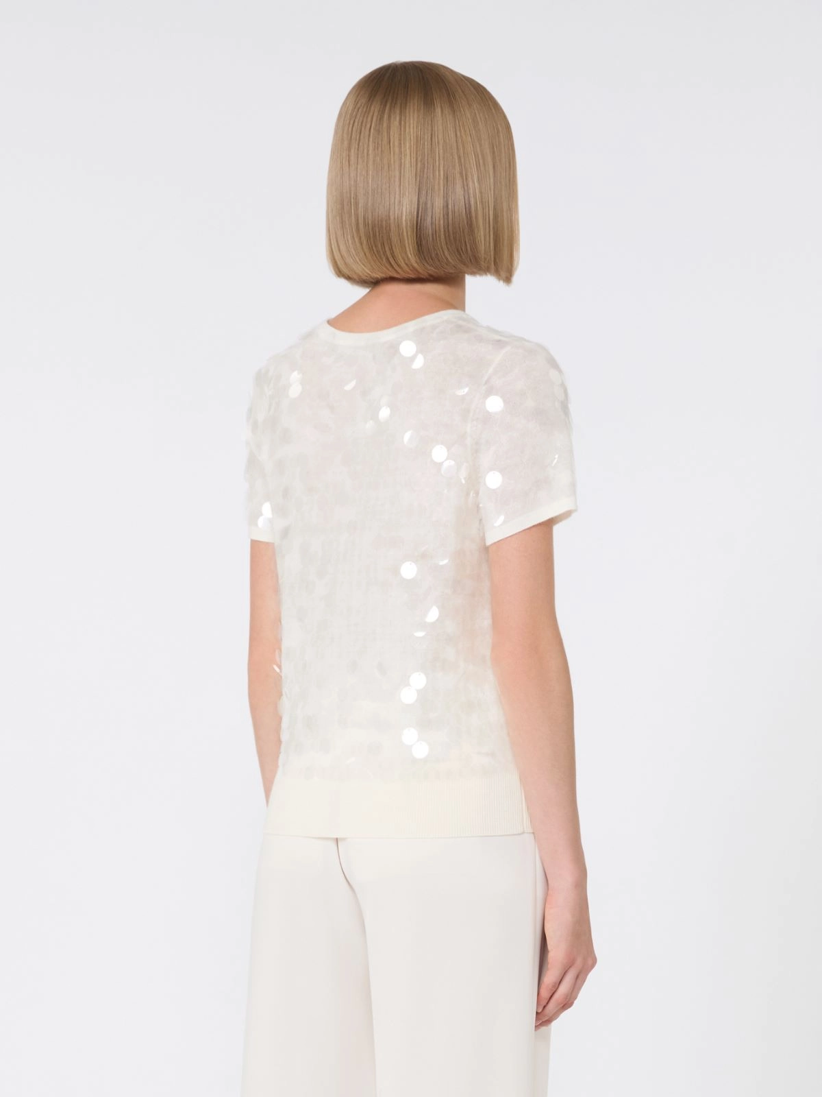 Ivory Short-Sleeved Knit Top With Sequined Accents