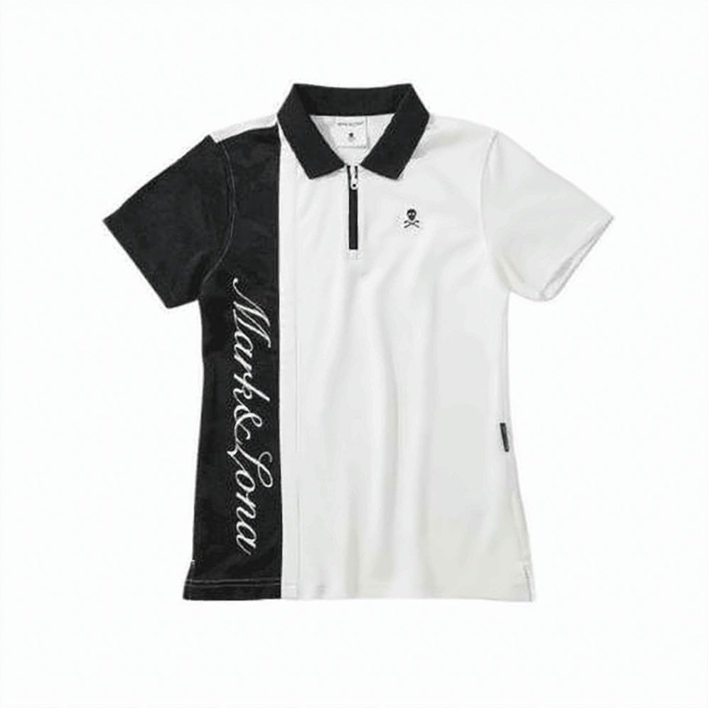 Half-and-Half Design Polo Shirt with Zipper and Skull Logo