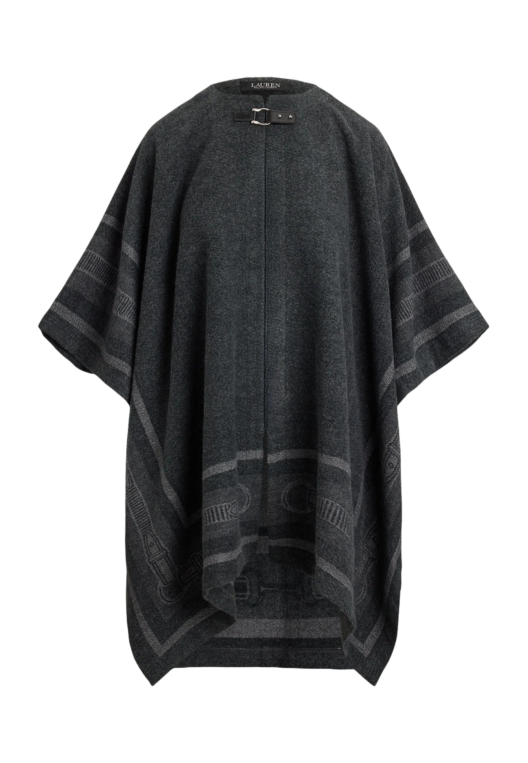 Jacquard-Patterned Black Poncho With Elegant Closure
