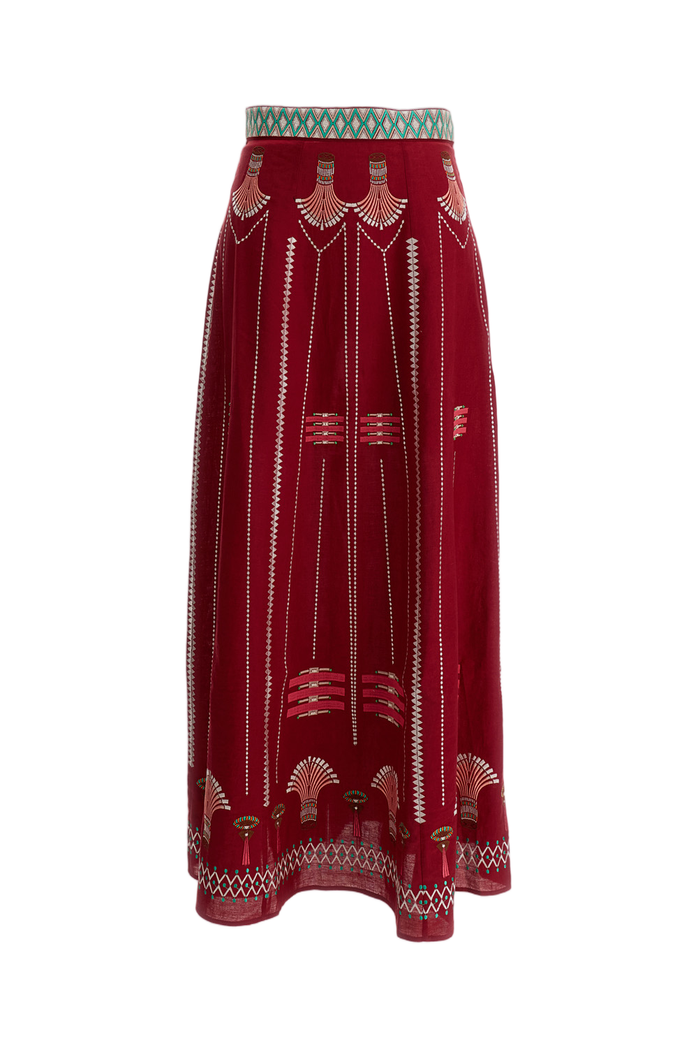 Embroidered Linen-Cotton Long Skirt