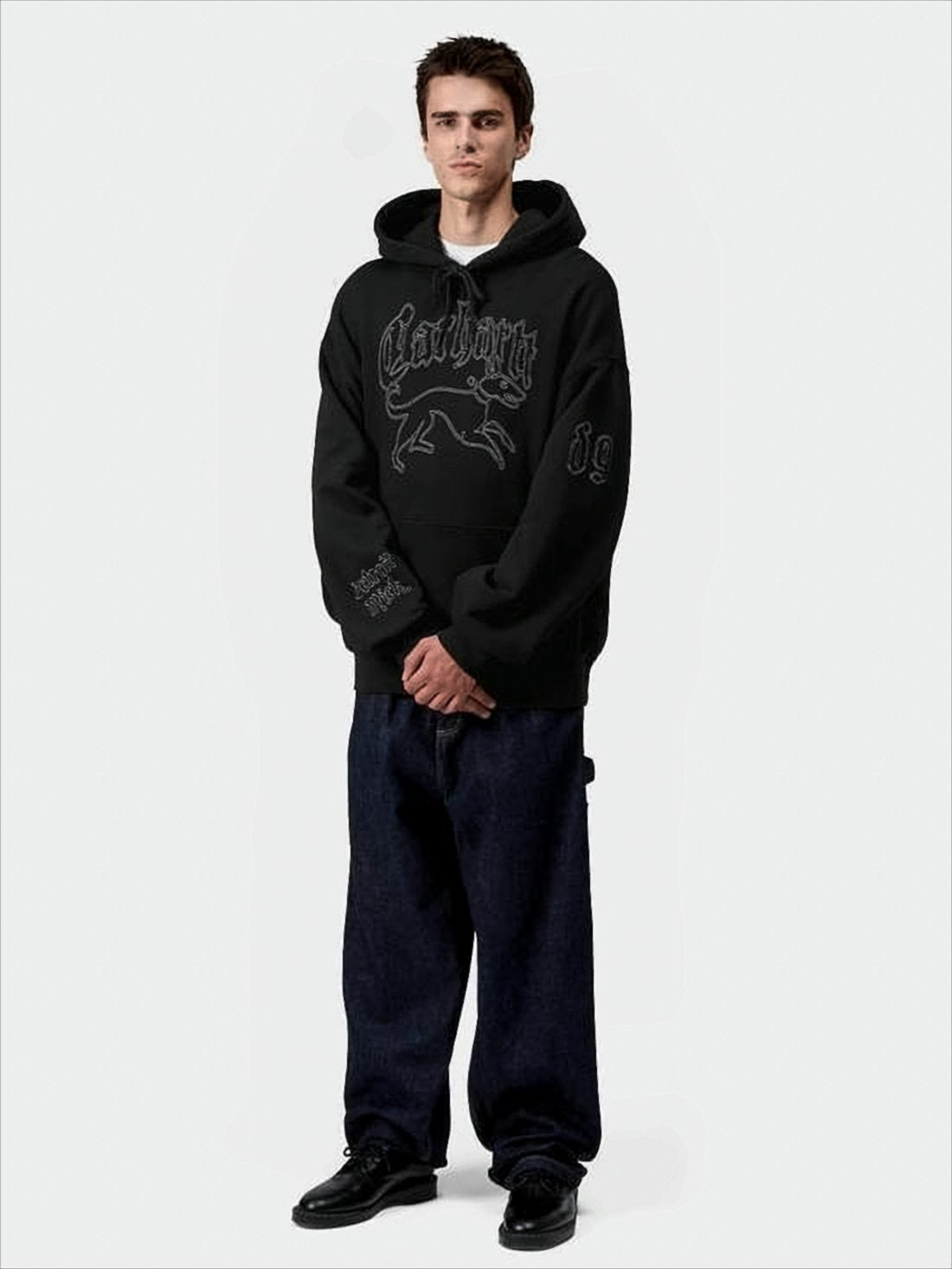 Embroidered Black Hoodie with Graphic Front