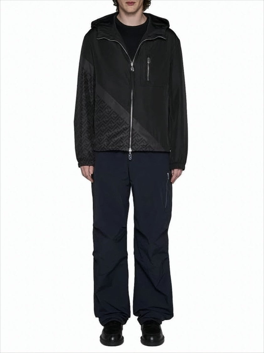 Hooded Black Jacket with Tonal Pattern