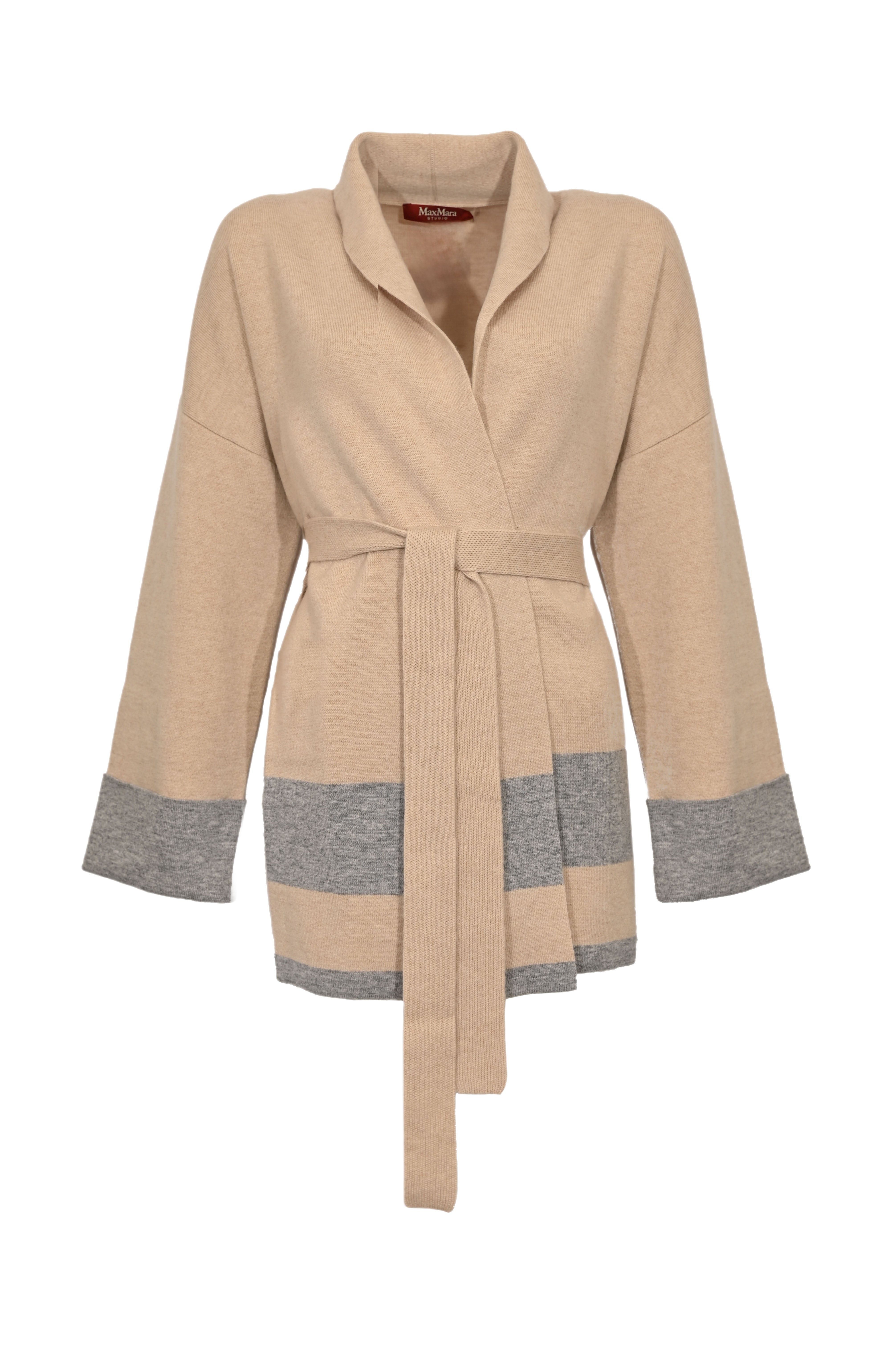 Wrap-Style Beige Coat With Wide Sleeves