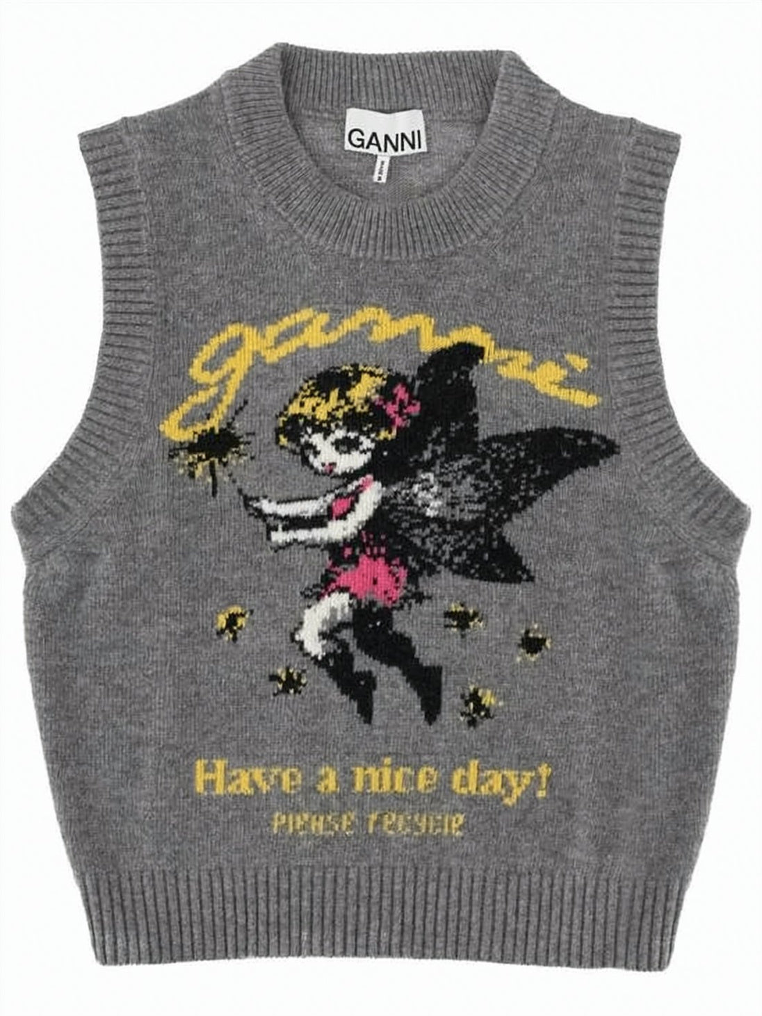 Sleeveless Knit Vest With Graphic Fairy Motif And Ribbed Details