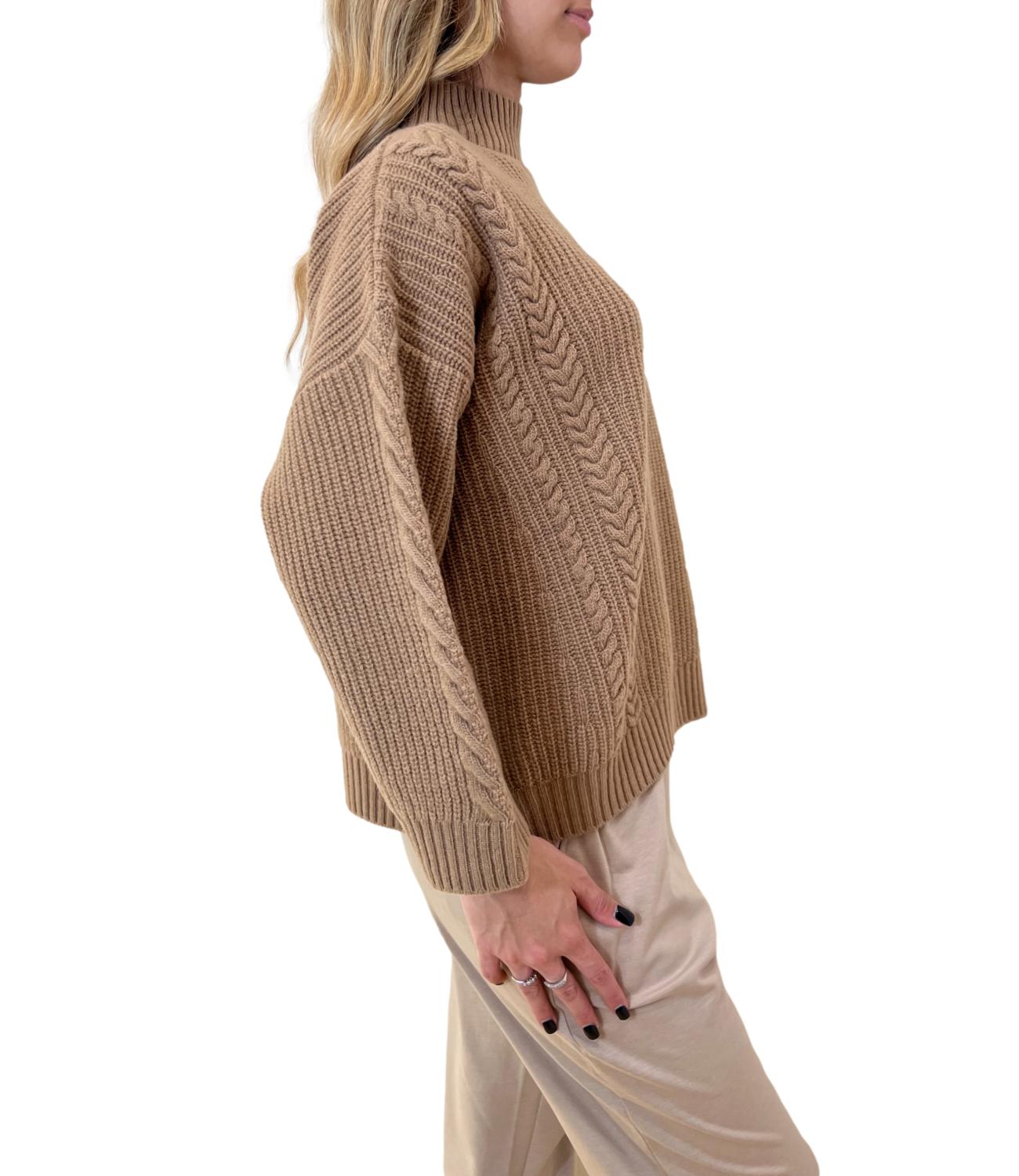 Textured Cable Knit Sweater With High Neckline