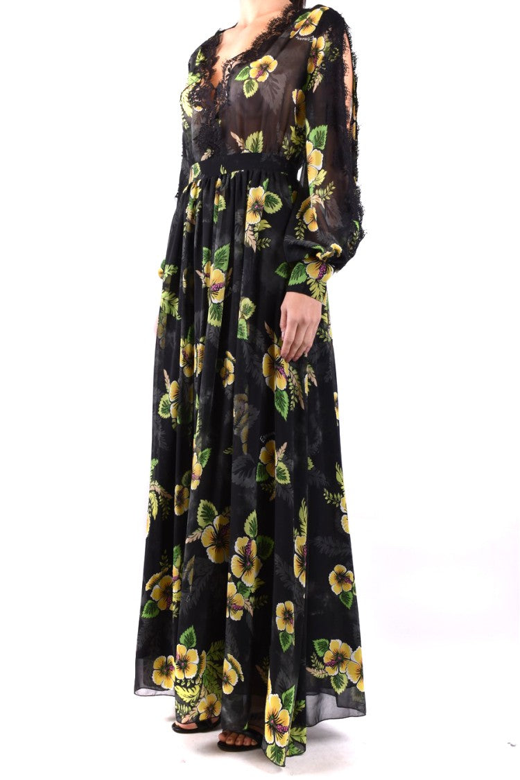 Maxi Dress With Floral Print And Sheer Lace Details