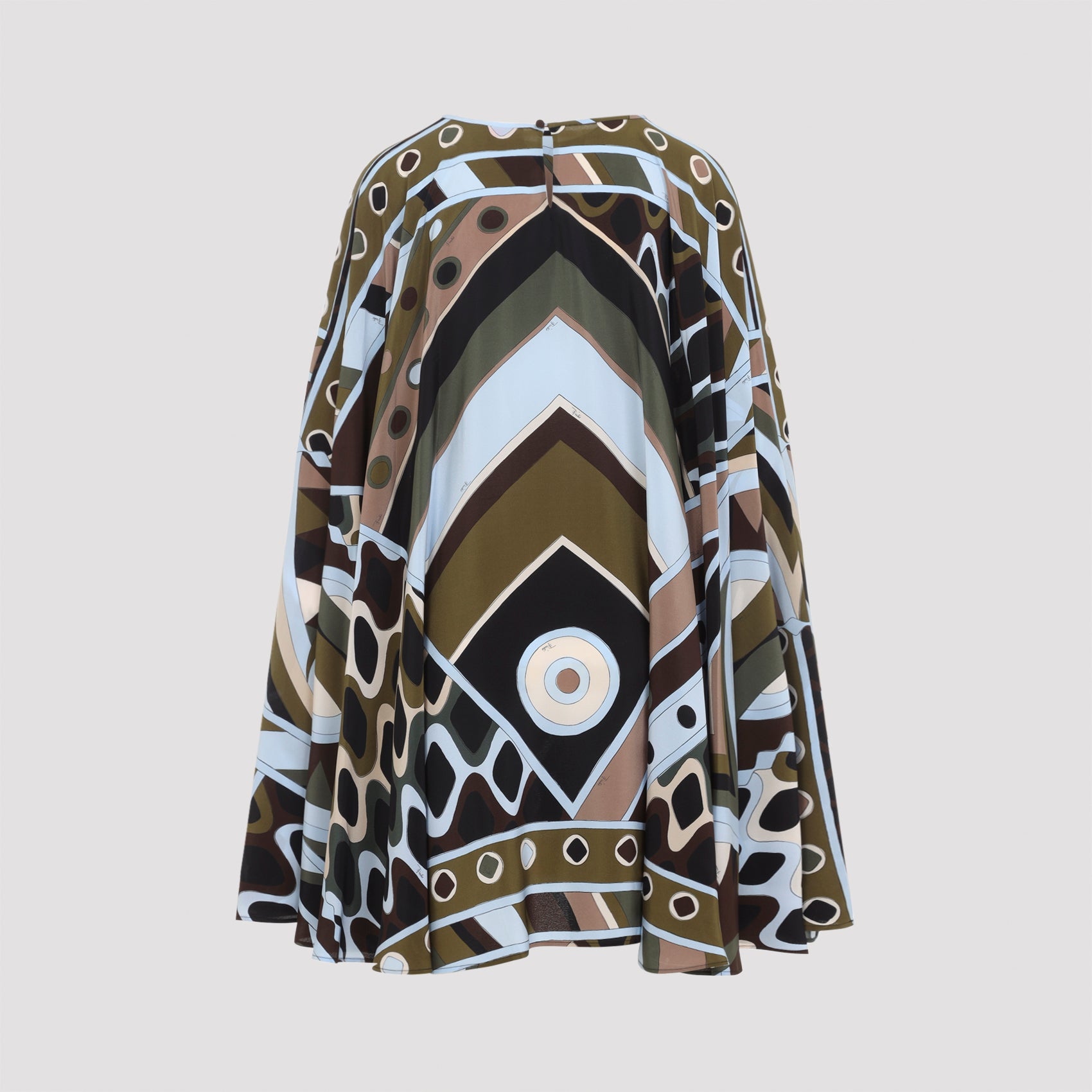 Geometric Pattern Silk Dress with Wide Sleeves