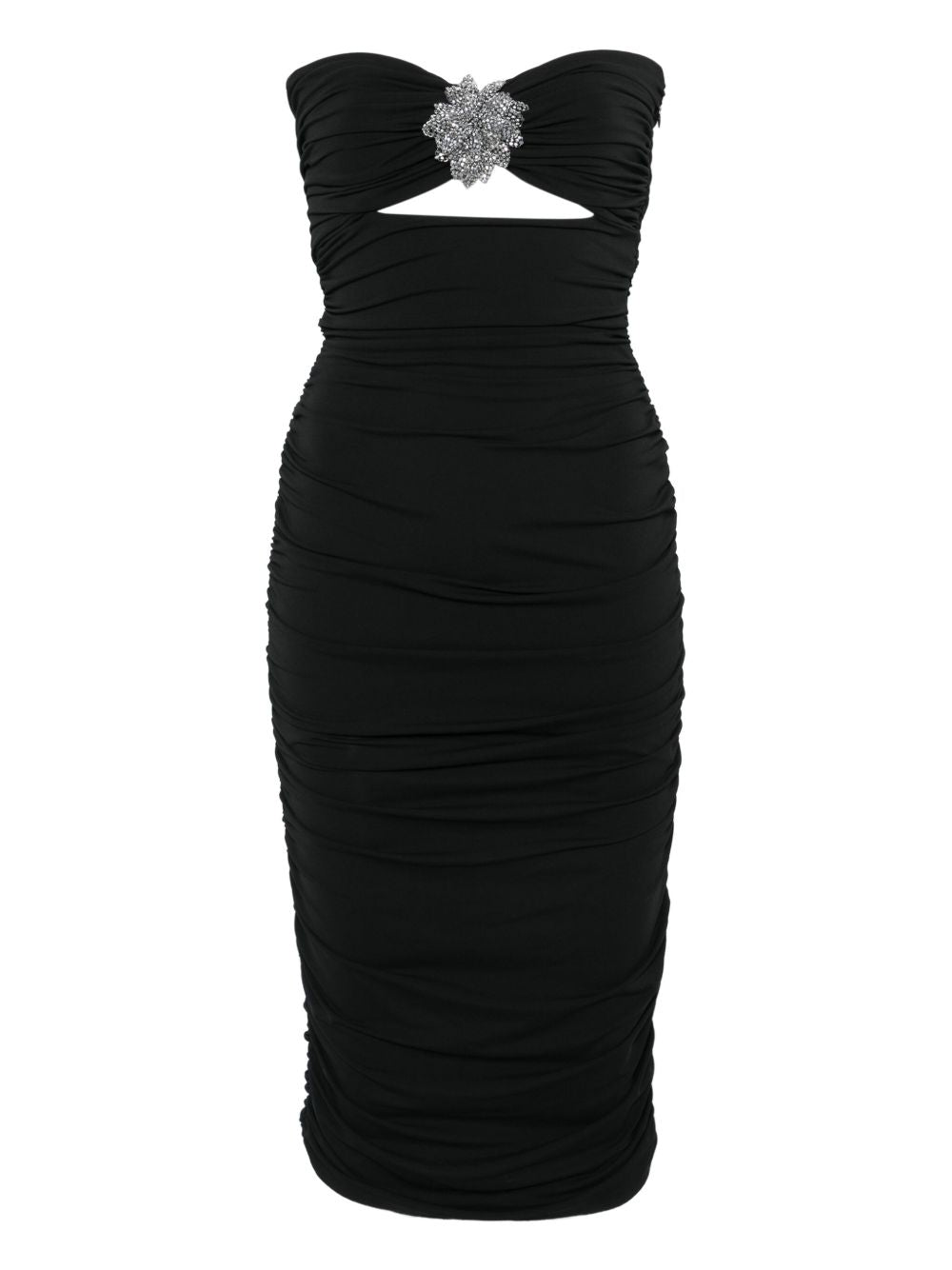 Strapless Black Midi Dress With Ruched Detailing