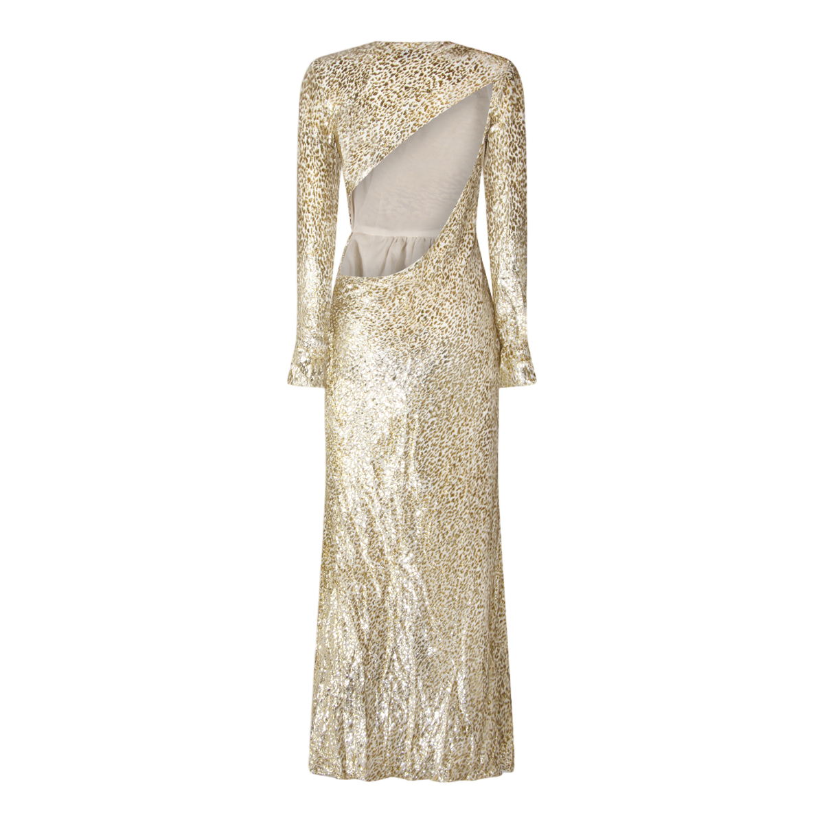 Floor-Length Gold Sequin Dress with Animal Print