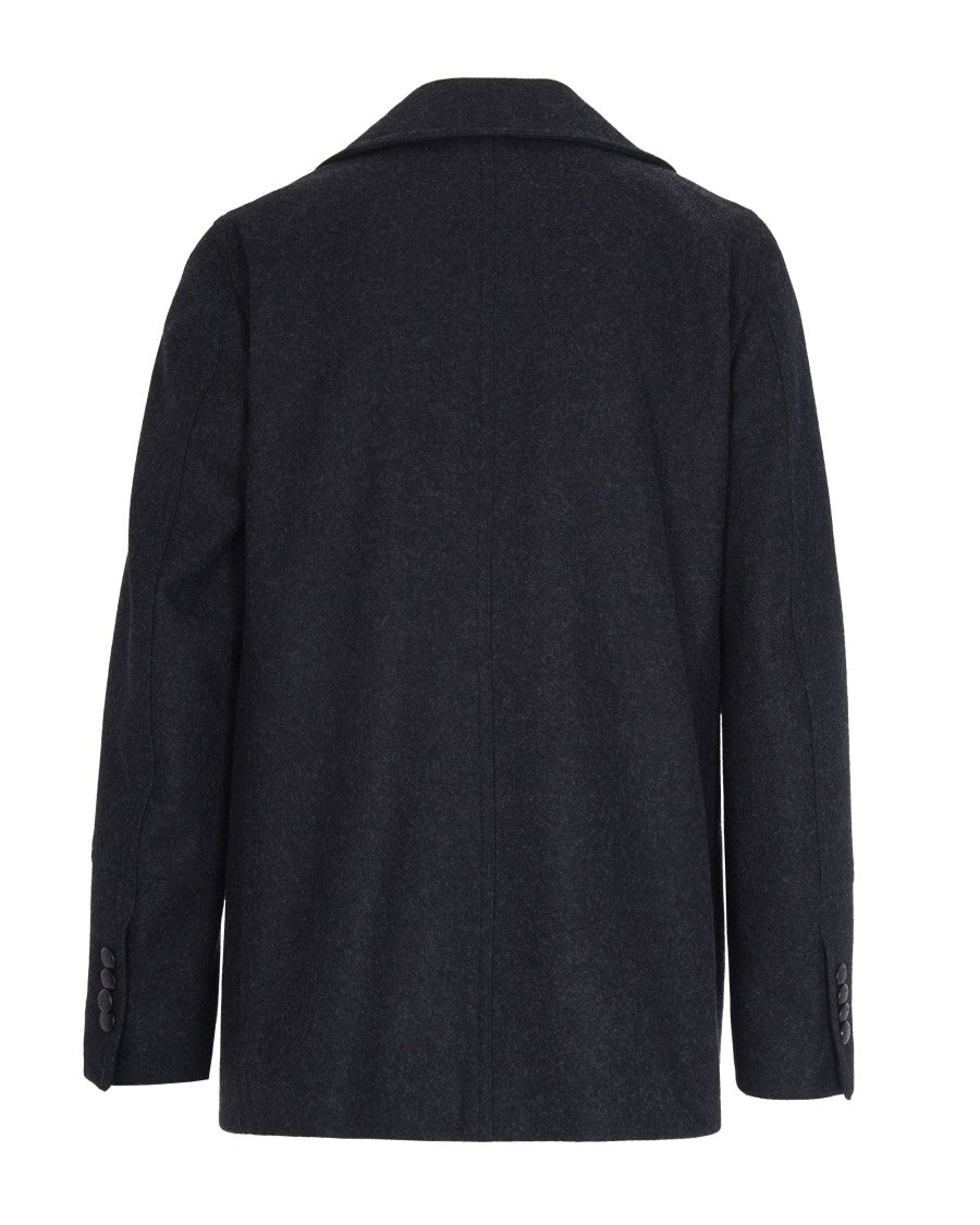 Double-Breasted Black Wool Blend Coat With Large Notch Lapel