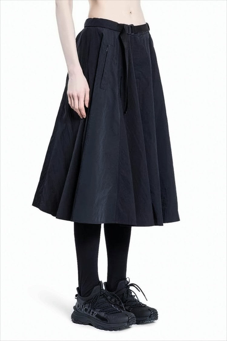 Flared Midi Skirt With Belted Waist And Side Pockets