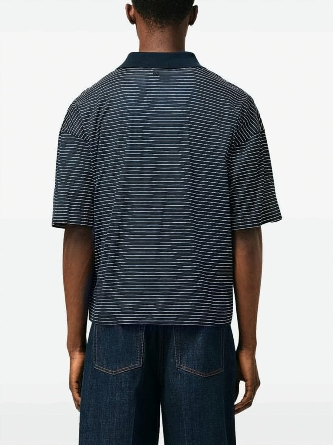 Cropped Navy Blue Striped Polo Shirt With Heart Logo