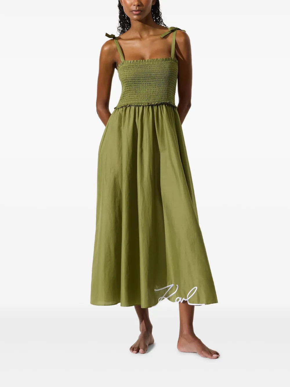 Midi Dress with Smocked Bodice and Square Neckline
