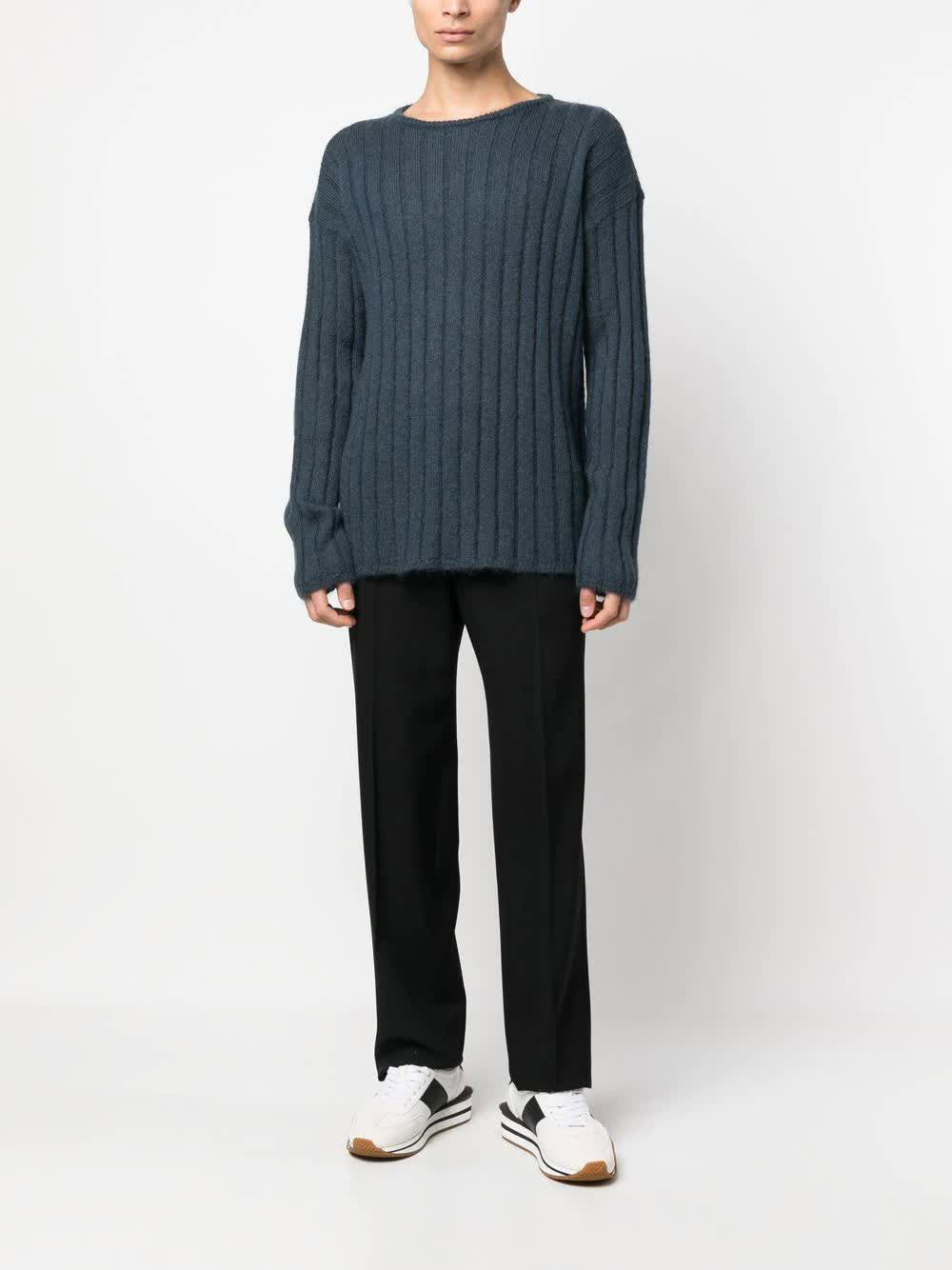 Black Ribbed Knit Wool Blend Sweater