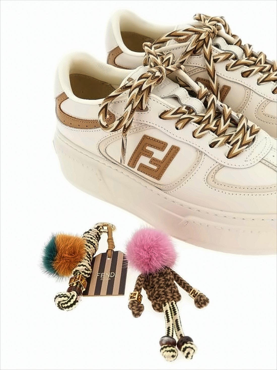 Creamy Leather Sneakers with Colorful Pom-Poms