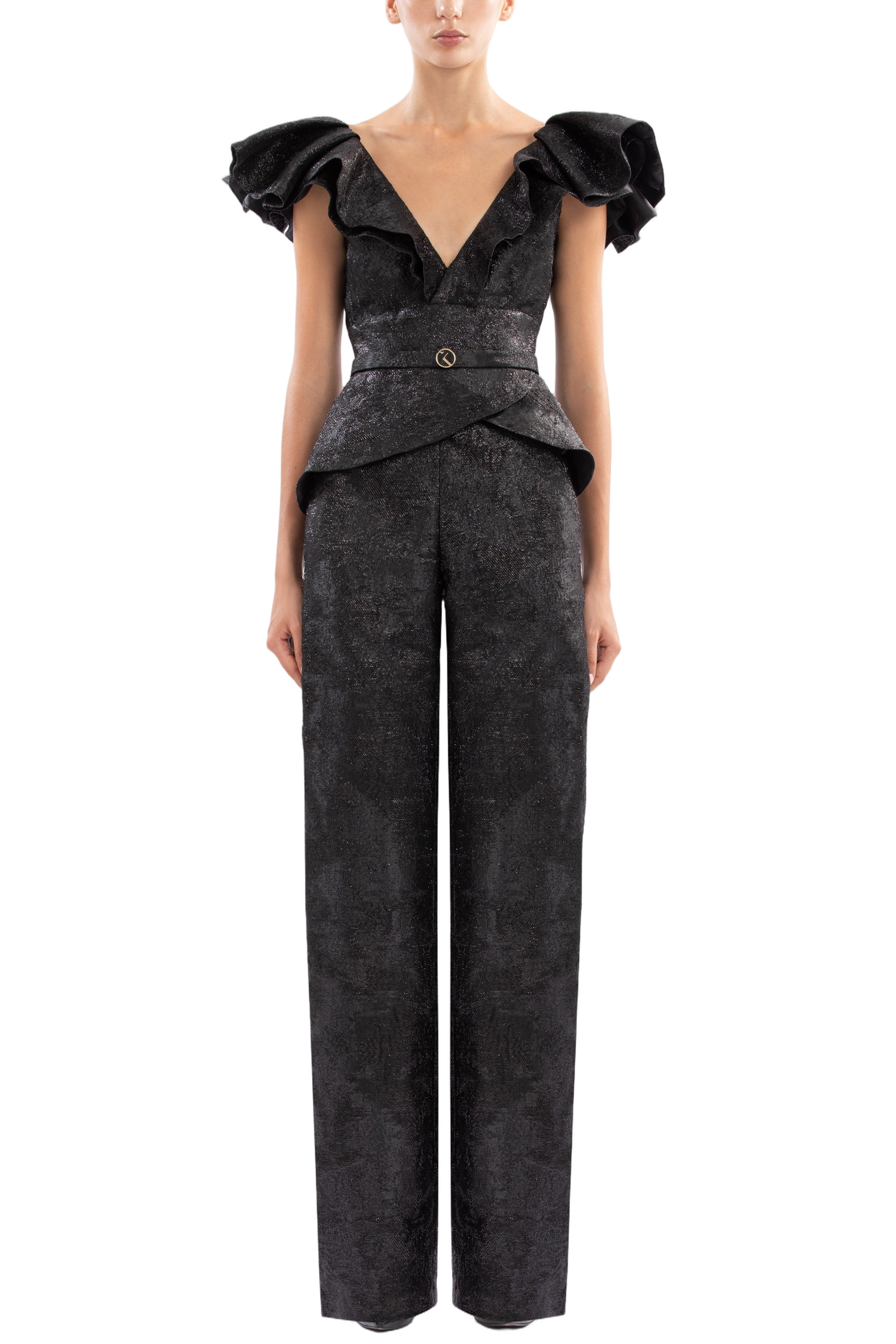 Dramatic Jet Black Brocade Jumpsuit