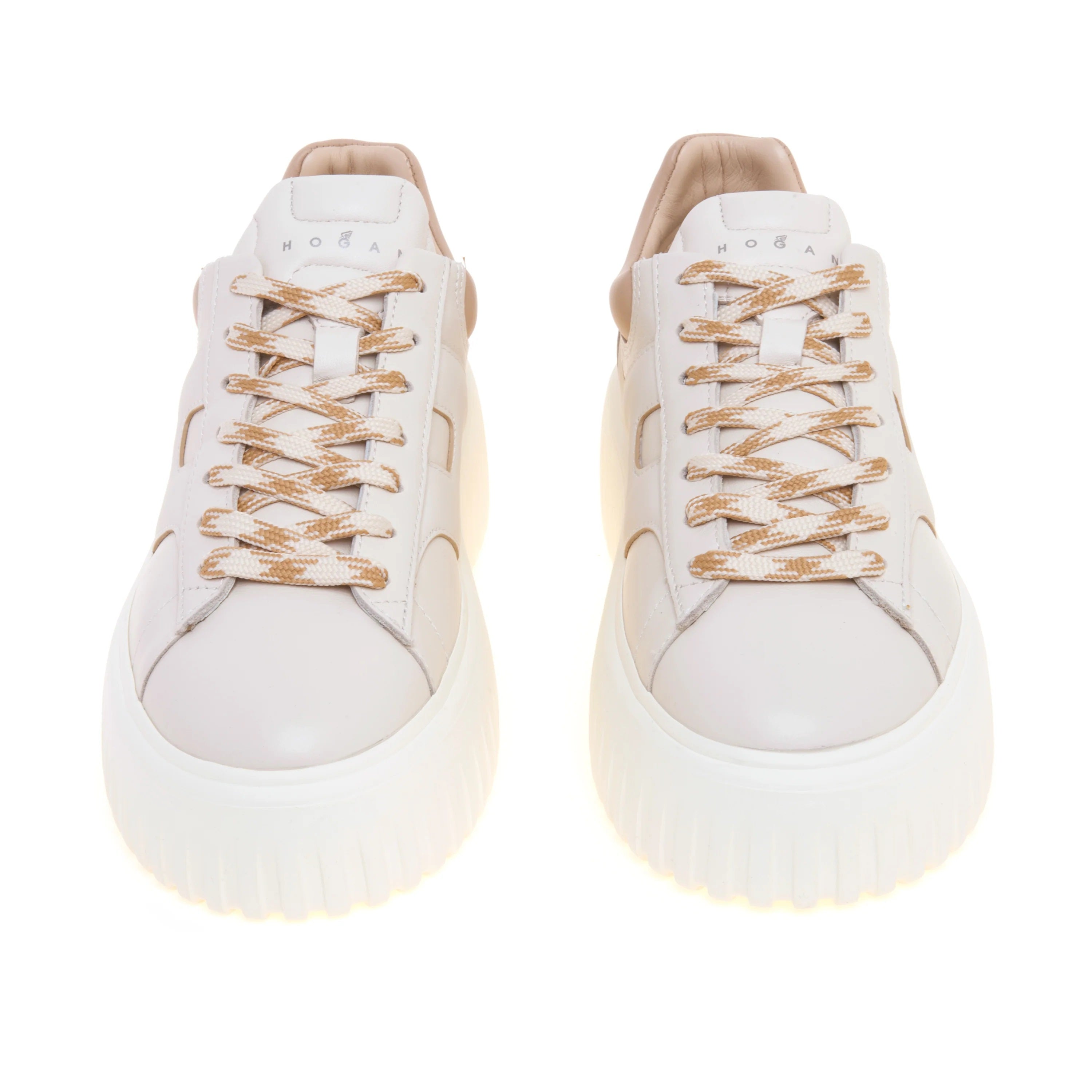 Ivory H-Stripes Leather Sneakers With Padded Collar And Embossed Logo