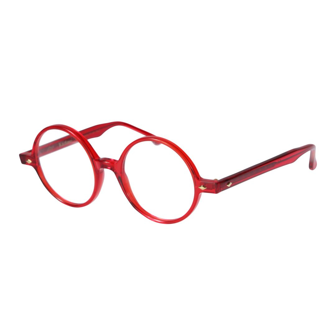 Rondo Bold Round Frame Red Eyeglasses with Gold Accents
