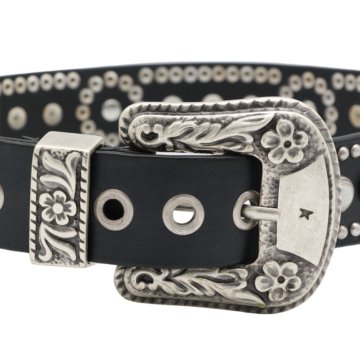 Intricately Engraved Black Belt with Silver Accents