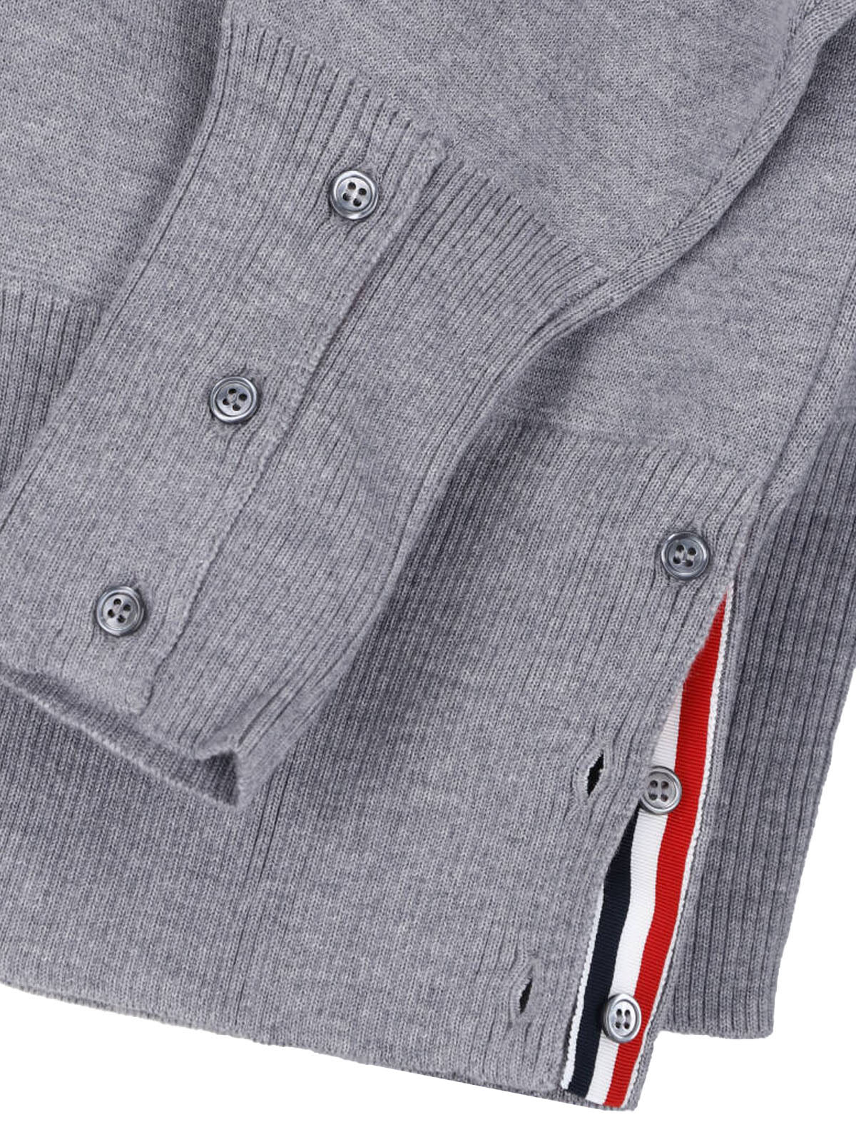 V-Neck Grey Cardigan Sweater with Button-Down Front and Signature Stripes