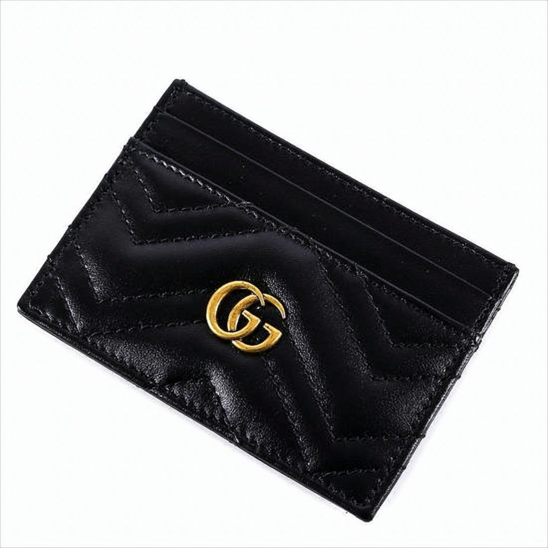 Chevron Quilted Leather Card Wallet with Gold-tone Logo
