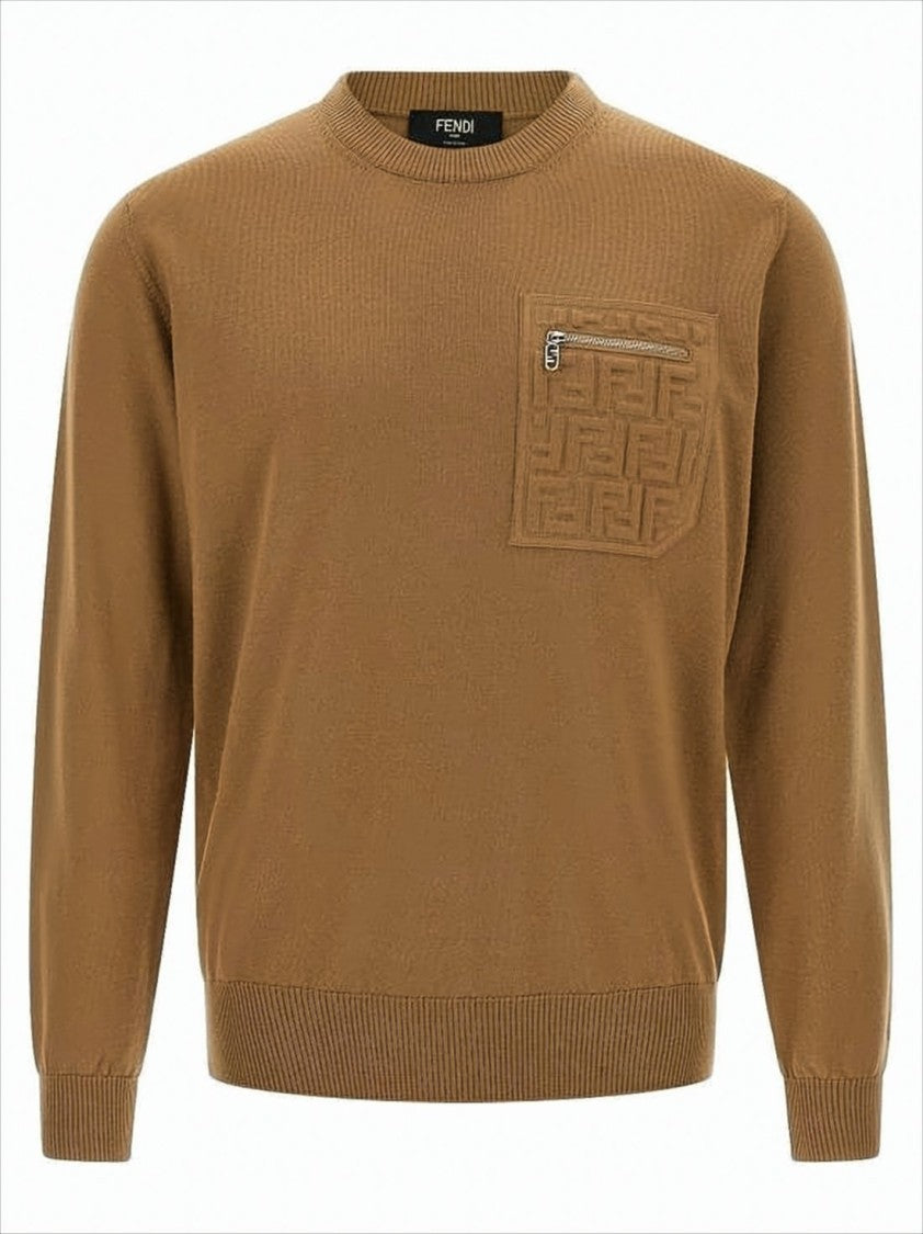 Brown Knit Sweater with Ribbed Cuffs