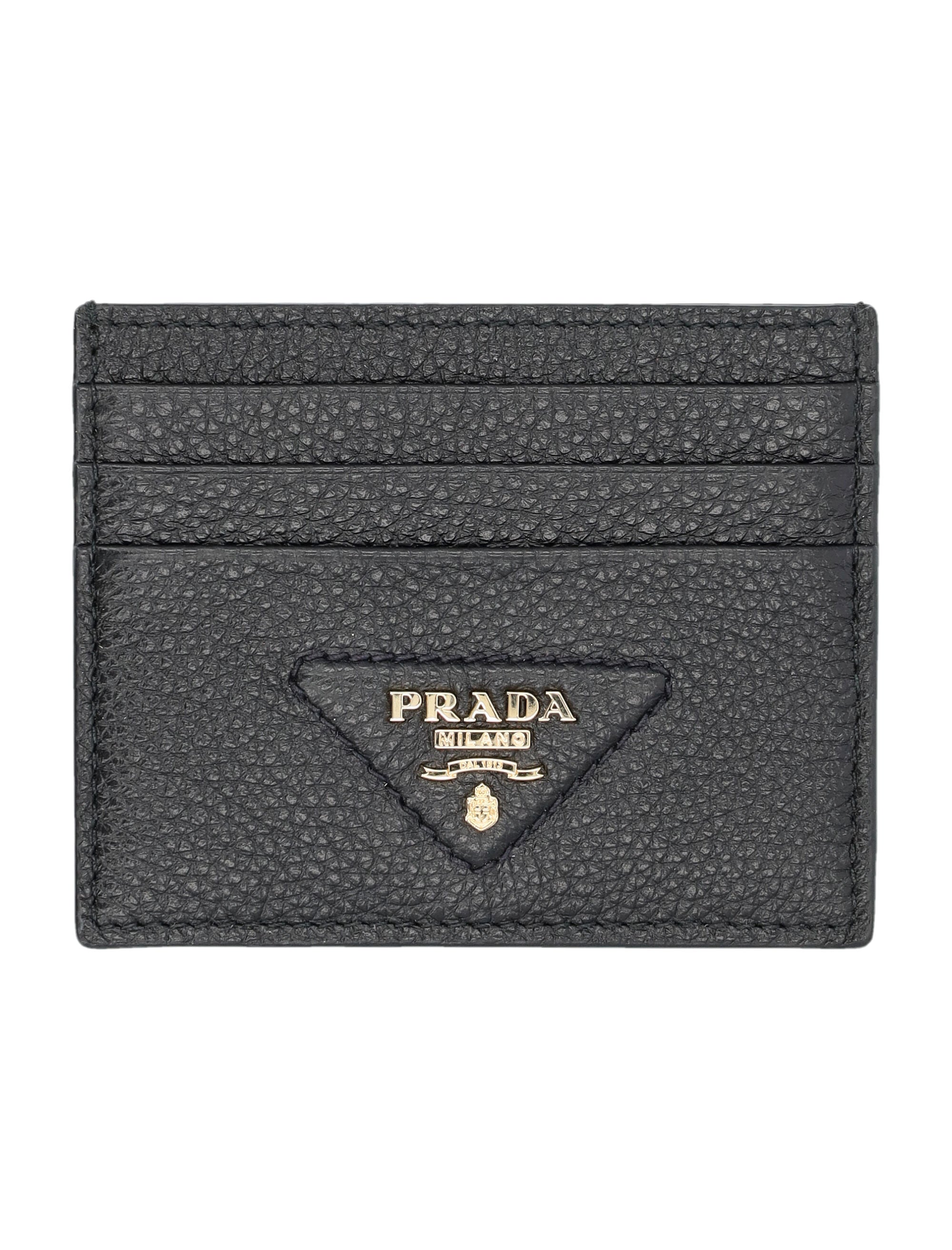 Textured Calf Leather Card Holder with Gold-tone Triangle Logo