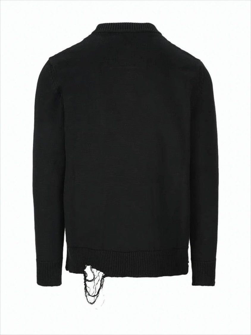 Black Long-Sleeve Knitwear Sweater with Geometric Logo and Distressed Hem
