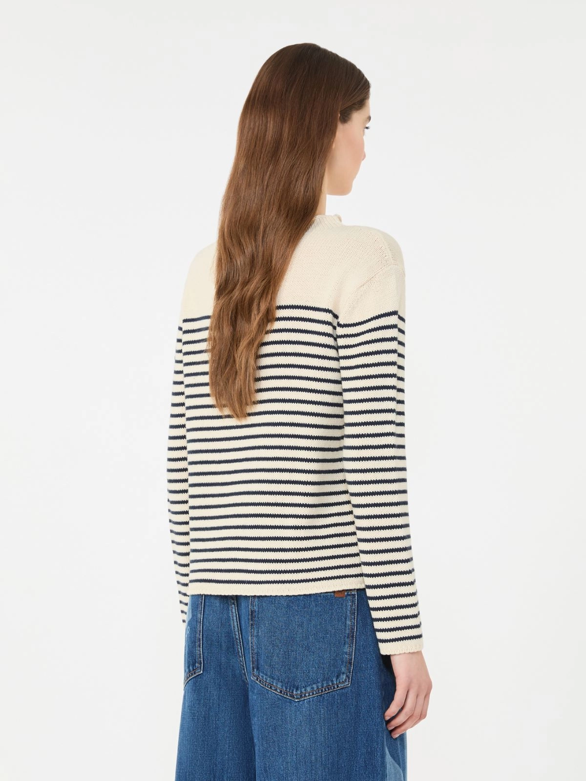 Knitted Long-Sleeve Top with Horizontal Navy Stripes
