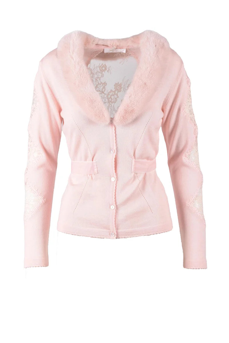 Viscose/Polyester Cardigan with Fur Details - Pink