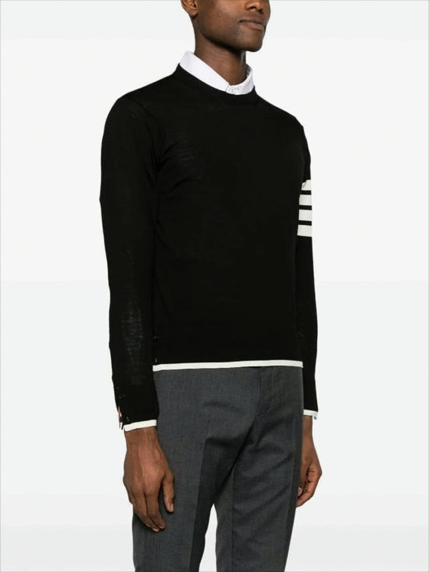 Crew Neck Black Wool Sweater with Signature Stripes and Buttoned Cuffs