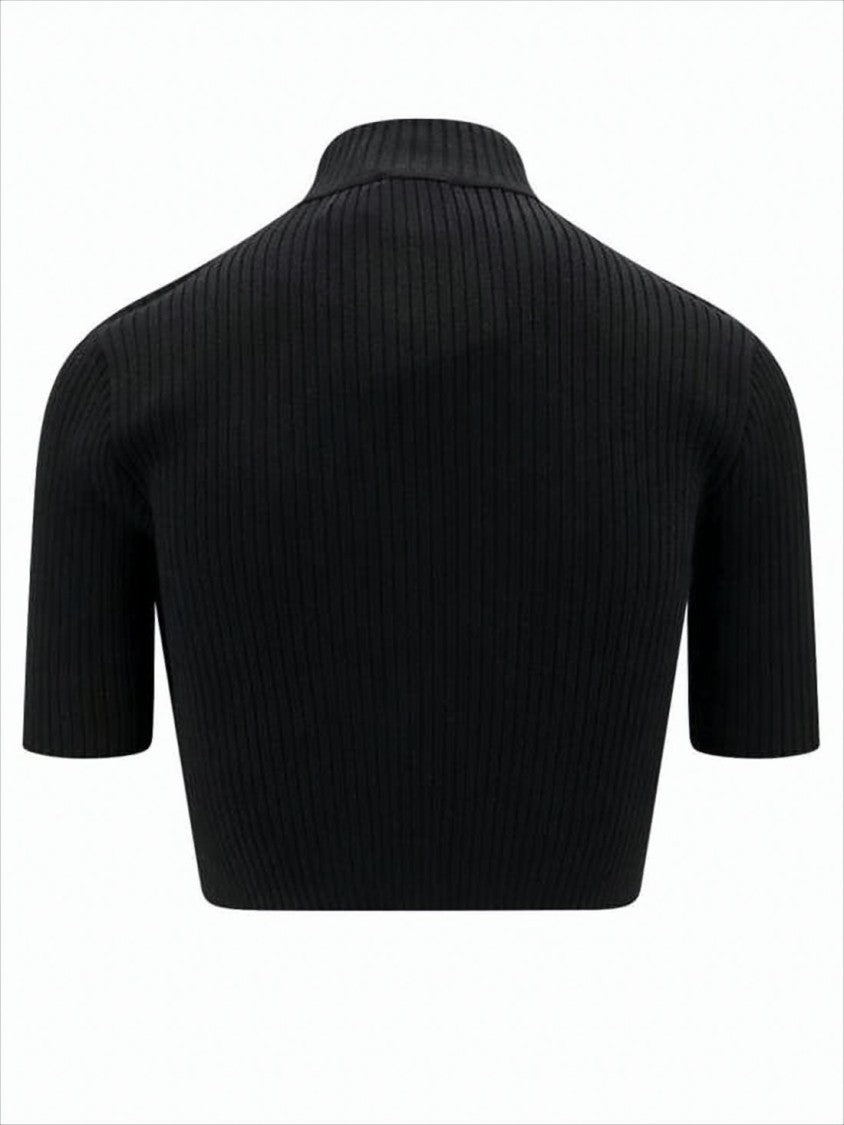 Ribbed Black Crop Top with High Neckline